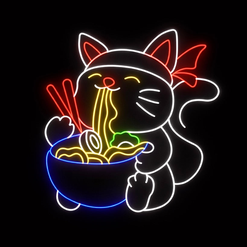 Cat Eating Noodles - LED Neon Sign